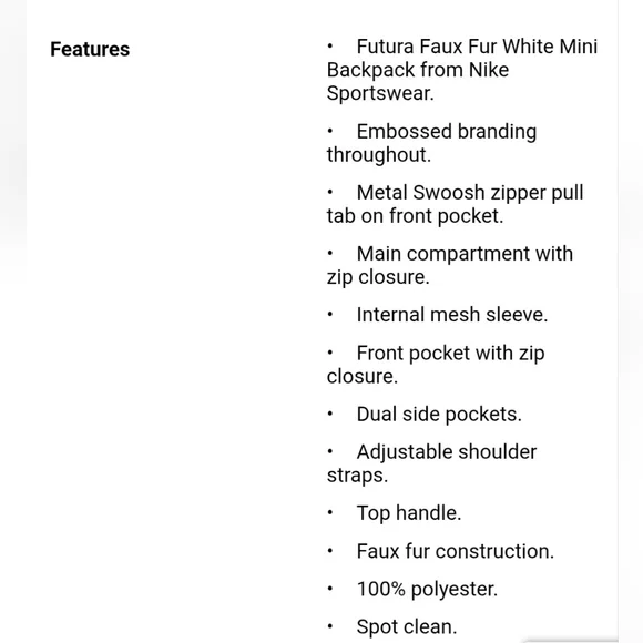 Nike Sportswear Futura Faux Fur White Mini Backpack. NWT. - Picture 7 of 13